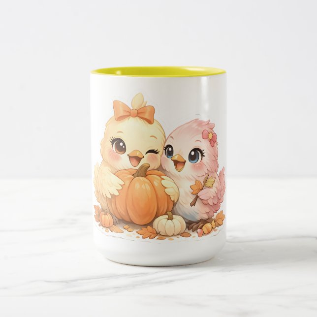 Em Dois Tons Caneca de Café de Pássaros Amigáveis de Halloween (Centro)