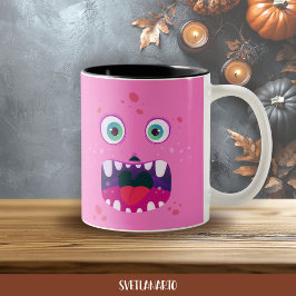 Em Dois Tons Caneca de Café do Monstro Feliz Rosa de Halloween