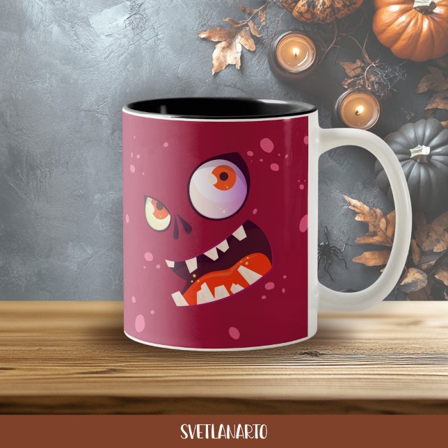 Em Dois Tons Caneca de Café do Monstro Roxo Maluco de Halloween (Frontal view)