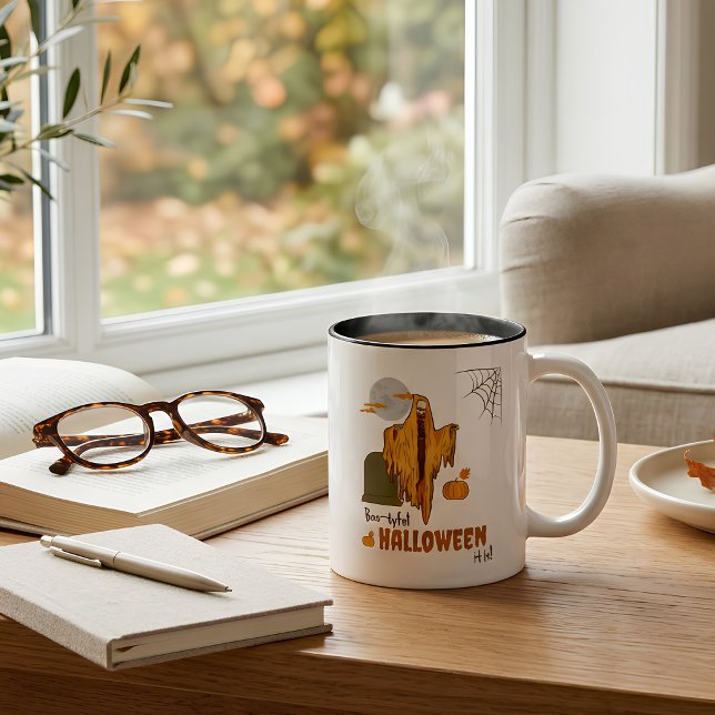 Em Dois Tons Caneca de café engraçada do Dia das Bruxas com esq (Criador carregado)
