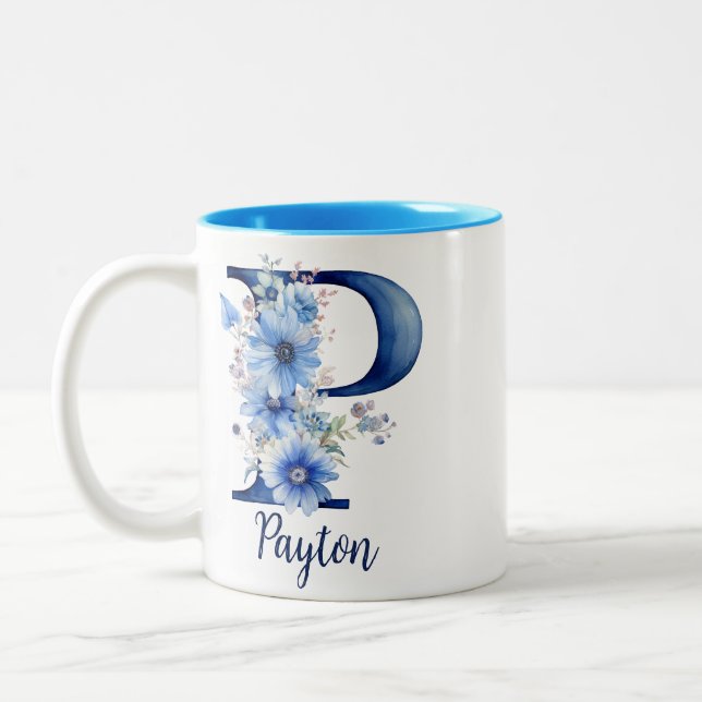 Em Dois Tons Caneca de Café Floral Azul Monogramada de 11 oz (Esquerda)