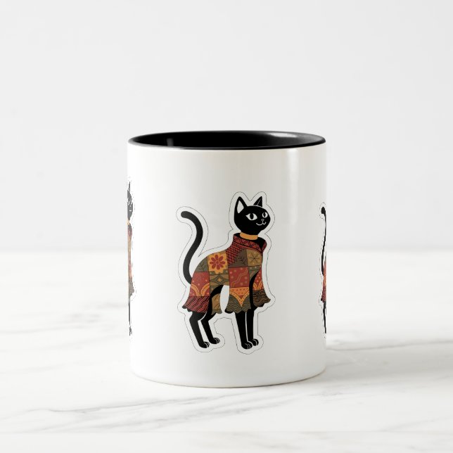 Em Dois Tons Caneca de Café Gato Preto Boho Patchwork (Centro)