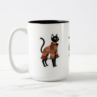 Em Dois Tons Caneca de Café Gato Preto Boho Patchwork