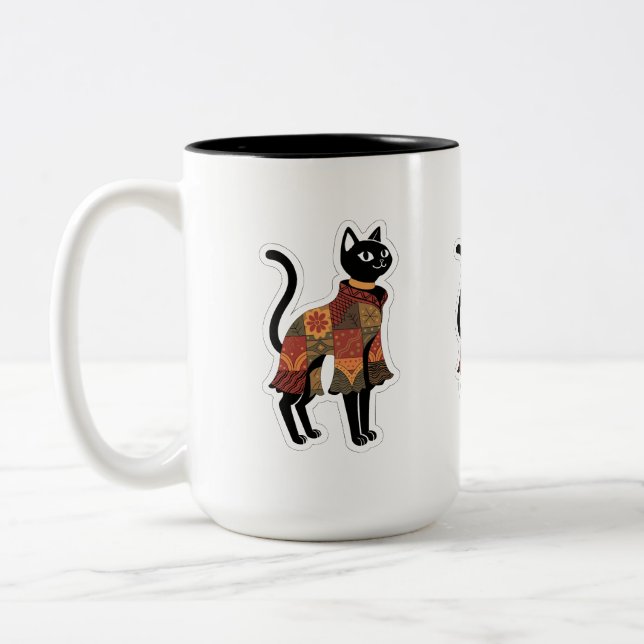 Em Dois Tons Caneca de Café Gato Preto Boho Patchwork (Esquerda)