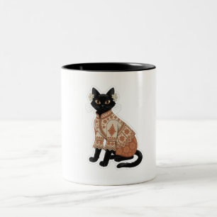 Em Dois Tons Caneca de Café Gato Preto Floral Terracota
