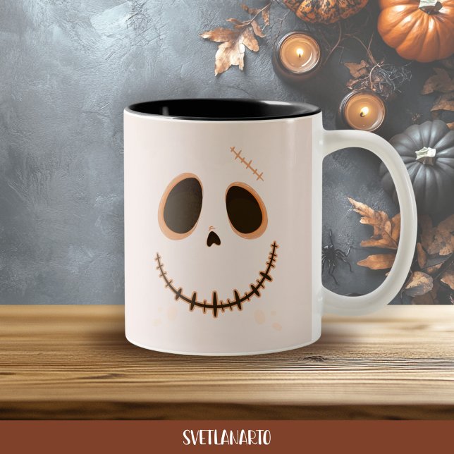 Em Dois Tons Caneca de Café Halloween Crânio Esqueleto Costurad (Frontal view)