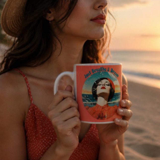 Em Dois Tons Caneca de café laranja Retro Apenas Respire & Sonh (Criador carregado)