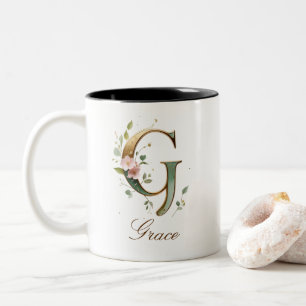 Em Dois Tons Caneca de Café Luxo Dourado Floral Inicial G Duas