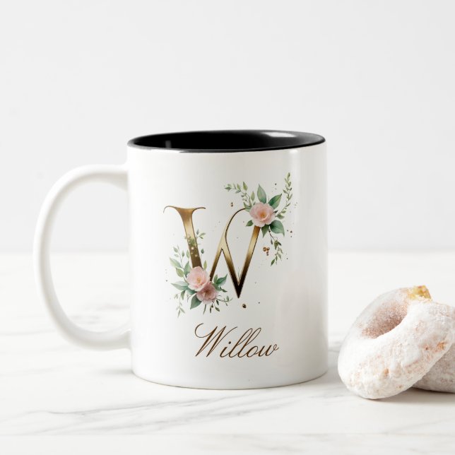Em Dois Tons Caneca de Café Luxuosa com Floral Dourado Inicial  (Com Donut)