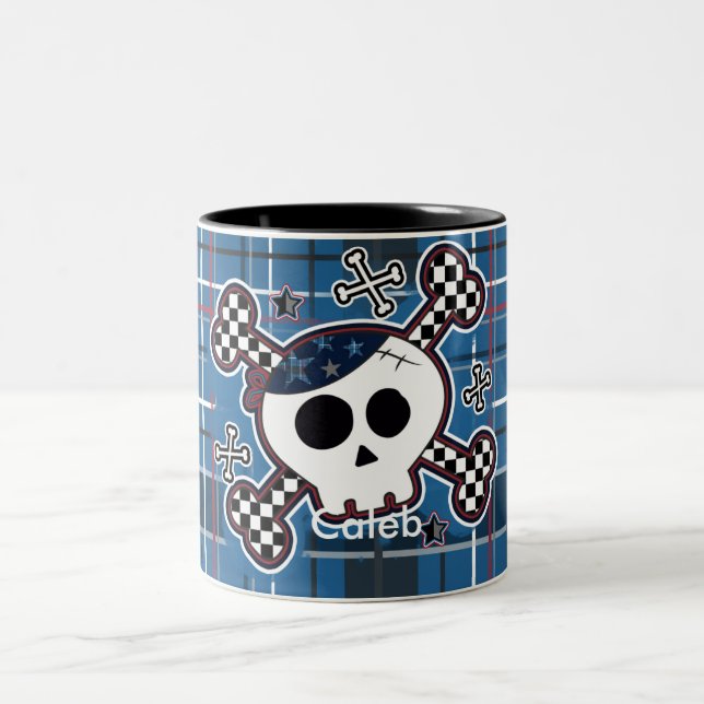Em Dois Tons Caneca de Café Meninos Crânio e Ossos Xadrez Azul (Centro)