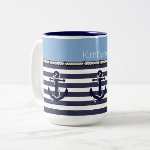 Em Dois Tons Caneca de Café Personalizada Com Âncoras e Listras