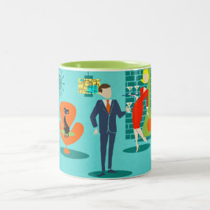Em Dois Tons Caneca de café retro do casal dos desenhos
