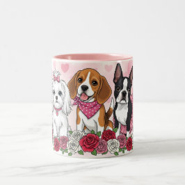 Em Dois Tons Caneca de Café Trio de Cachorro Adorável Rosas Ama