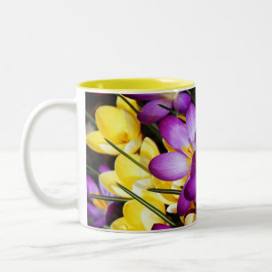 Em Dois Tons Flores de croco púrpura e amarelas, caneca de café