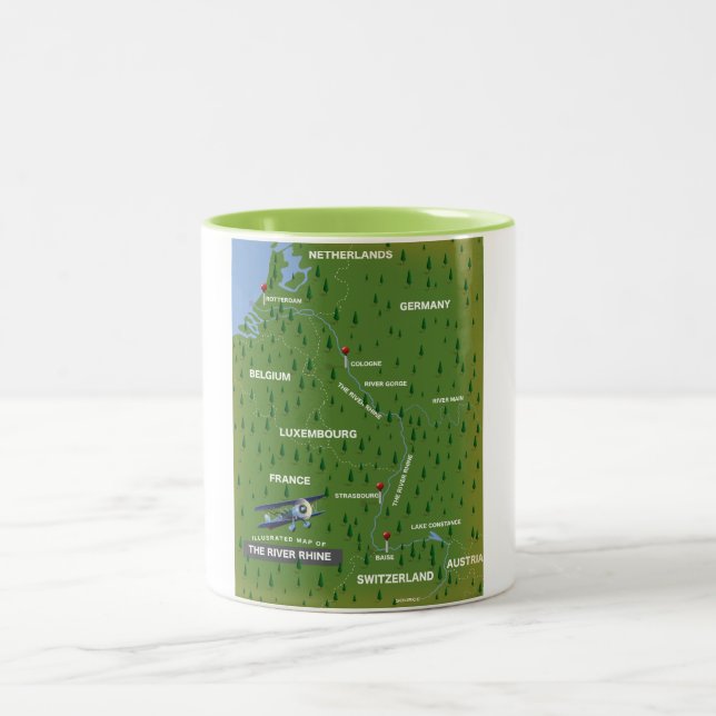 Em Dois Tons Mapa de viagem retro do rio Reno. Caneca de café e (Centro)