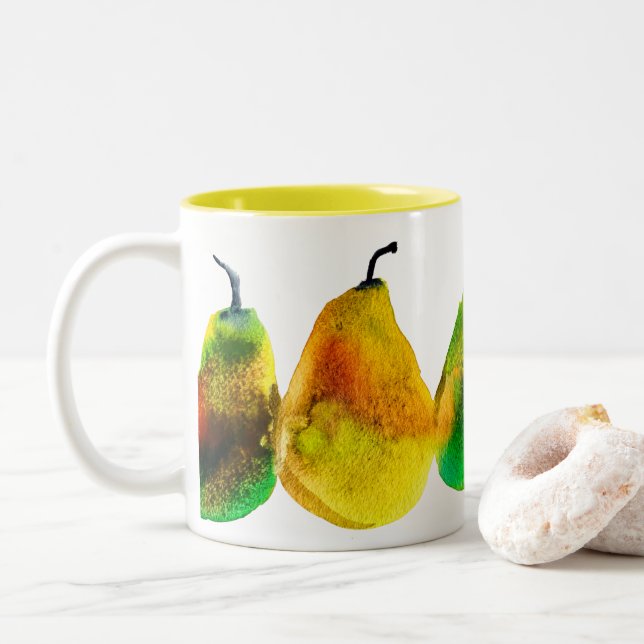 Em Dois Tons Pear art, fruta de aquarela fofa, caneca de café c (Com Donut)