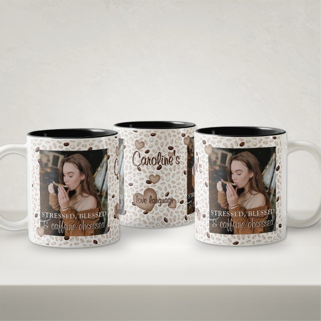 Em Dois Tons Presente de Caneca de Café com Foto para Ela (Unique coffee lovers photo name coffee mug gift for her mom friend stressed blessed caffeine obsesse)
