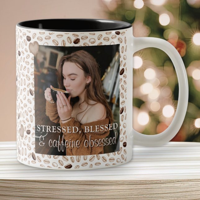 Em Dois Tons Presente de Caneca de Foto para Amantes de Café pa (Decorative coffee lovers photo coffee mug gift for her idea stressed blessed and caffeine osessed)