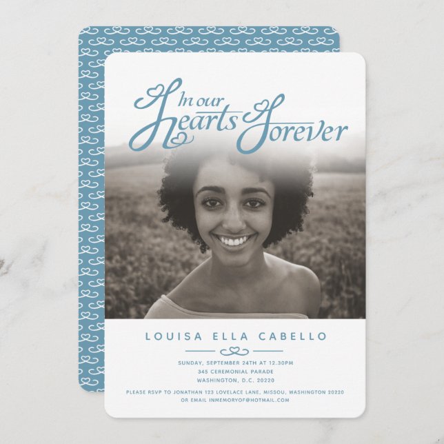 Em nossos corações fotos funerárias convites à azu (Frente/Verso)