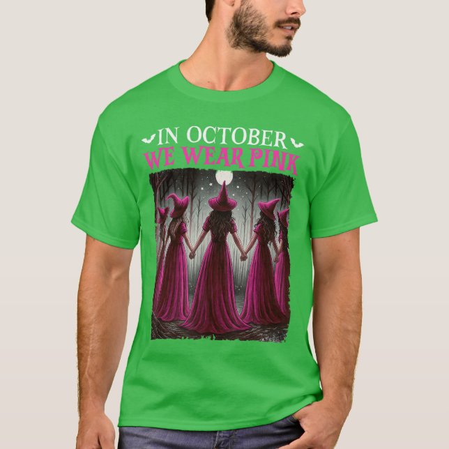 em outubro nós usamos camiseta rosa bruxa hallowee (Frente)