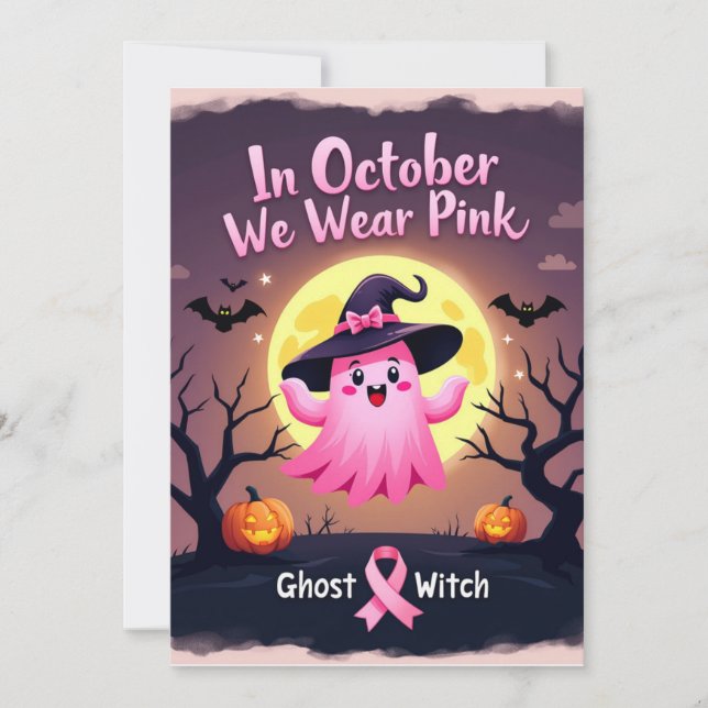 Em Outubro Usamos Convites de Bruxa Fantasma Rosa  (Frente)
