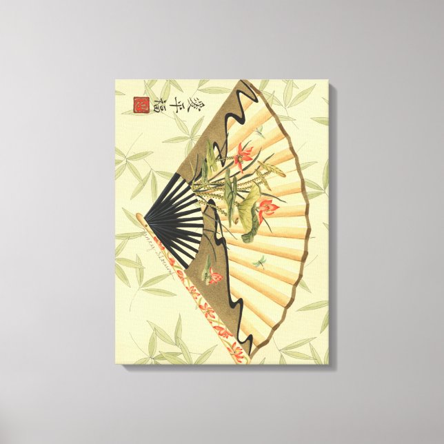Em Tela Geisha Fan com Folhas e Impressão Floral (Frente)
