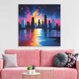 Em Tela Horizonte Urbano Futurista ao Pôr do Sol Impressão
