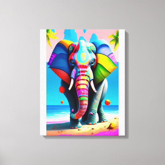 Em Tela Impressão de Elefante Arco-Íris Funky e Reprodutiv (Frente)