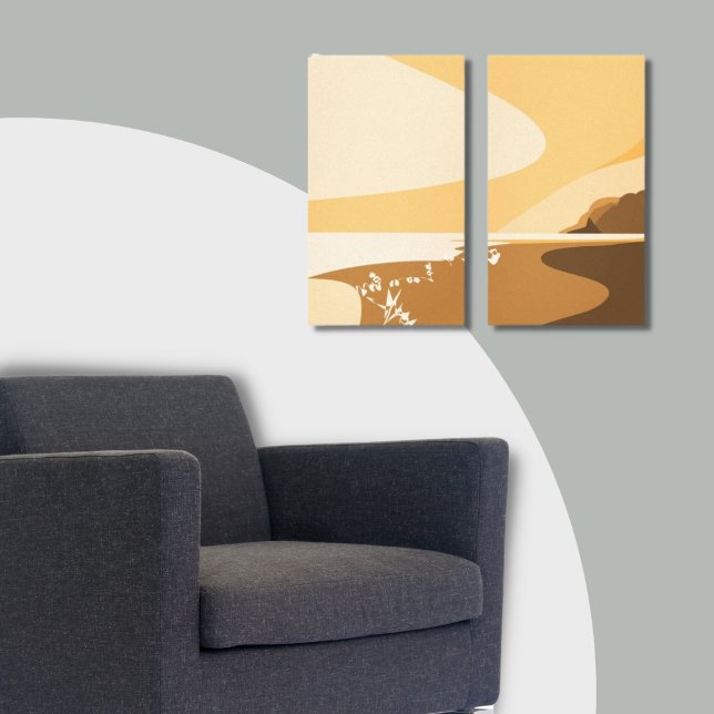 Em Tela Impressão de paisagem digital solar de praia (Sunset Orange Digital Beach Seascape Canvas Print, Gray and Orange Decor)