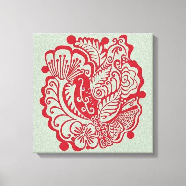 Em Tela Impressão de Pássaros no Jardim (Vermelho no Sábio (Frente)