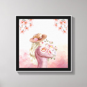 Em Tela Mulher Elegante com Peonies Watercolor Impressão