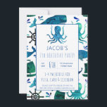 Embaixo do Sea Watercolor Kids Octopus Birthday<br><div class="desc">Sob O Padrão De Octopus Oceânico Por Aquarela Do Mar Personalizou Convites De Aniversário. Padrão temático do oceano náutico. Baleia,  polvo,  barco,  âncoras e naves rodopadas em fundo branco. Coordenar com outros suprimentos de partes náuticas. Editar para adicionar detalhes da parte. www.SamAnnDesigns.com</div>