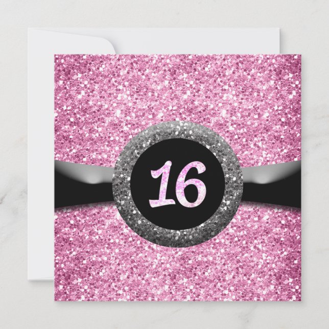 Emblema de Fita Sweet 16 Brilho Rosa Convite (Frente)