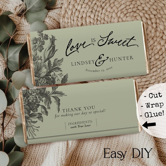 Embrulho de Favor de Barra de Chocolate Floral Vin (Easy DIY sage green elegant vintage floral Love is Sweet monogram chocolate bar favor paper wrappers)