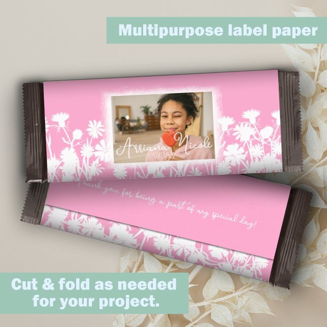 Embrulho Personalizado de Barra de Chocolate com F (Pink, white botanical wild flowers bat mitzvah personalized chocolate bar wrapper DIY cheap budget)