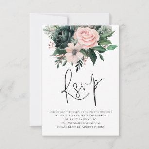 Emerald Blush Florals Script QR Code Weding RSVP