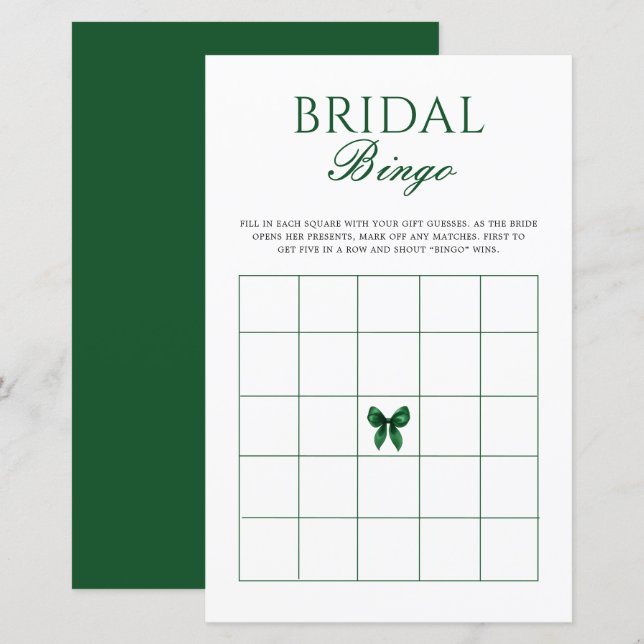 Emerald Bow Bridal Shower Bingo Game (Frente/Verso)