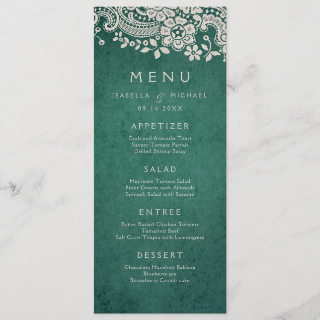 Emerald elegante vintage lace rústico menu de casa (Frente)