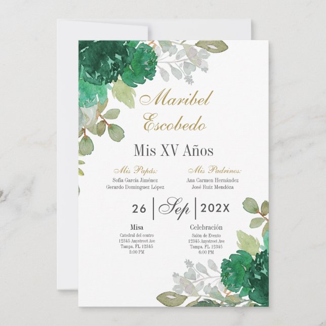 Emerald floral Quinceanera convite (Frente)