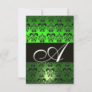 EMERALD GREEN BLACK WHITE DAMASK MONOGRAM RSVP