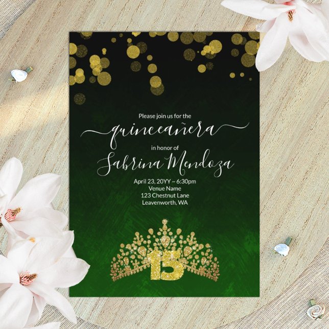 Emerald Green, Dourado Convite Tiara Quinceanera (green and gold tiara Quinceanera invitation, gold glitter number 15, emerald green shimmery lights)