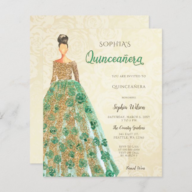Emerald Green Dress Quinceanera, Dourado orçamento (Frente/Verso)