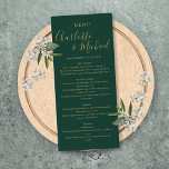 Emerald Green E Dourado Menu De Casamento De Scrip<br><div class="desc">Cartão de cardápio emerald verde e dourado com nomes de estilo de assinatura,  este cartão de menu moderno pode ser personalizado com suas informações em cartazes de ouro. Projetado por Thisnotme©</div>