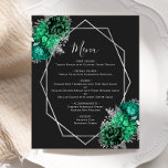 Emerald Green Floral Black Weding Menu<br><div class="desc">Este elegante menu de casamento moderno apresenta uma estrutura geométrica prateada decorada com buquês florais esmeraldas e prateadas em fundo preto. O texto personalizável combina a escrita manual imétrica de cinzas prateadas,  a placa de cobre e as fontes itálicas. O reverso é preto sólido.</div>