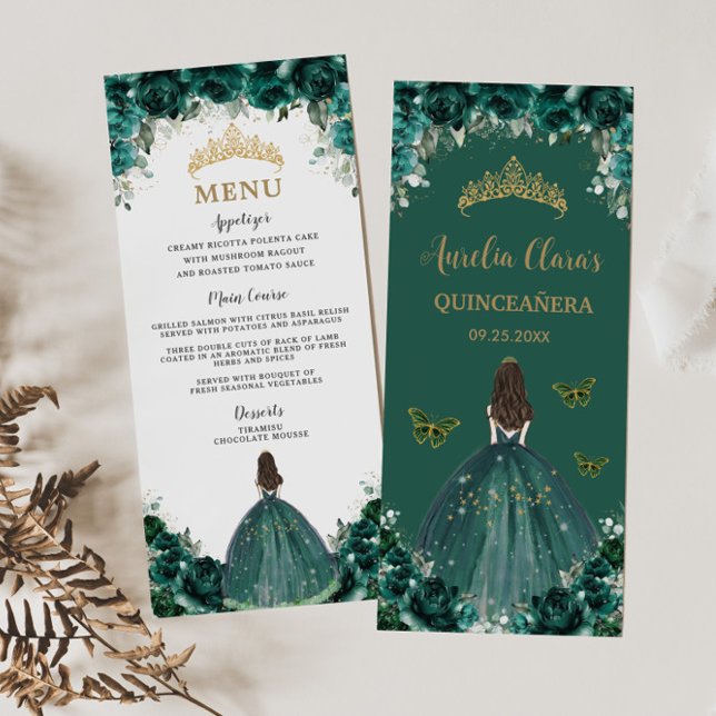 Emerald Green Floral Princess Quinceañera Menu (Criador carregado)