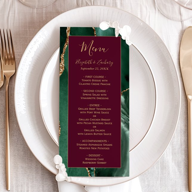 Emerald Green Gold Script Burgundy Wedding Menu (Criador carregado)