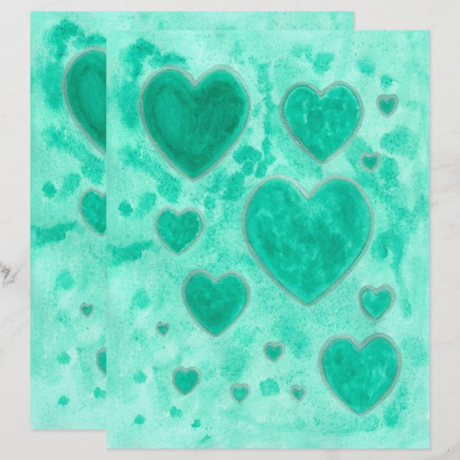 Emerald Green Hearts Watercolor Scrapbook Paper (Frente/Verso)