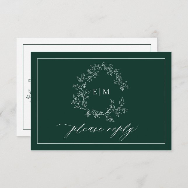 Emerald Green Leafy Crest Monograma Wedding RSVP (Frente/Verso)