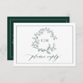 Emerald Green Leafy Crest Monograma Wedding RSVP