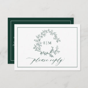 Emerald Green Leafy Crest Monograma Wedding RSVP